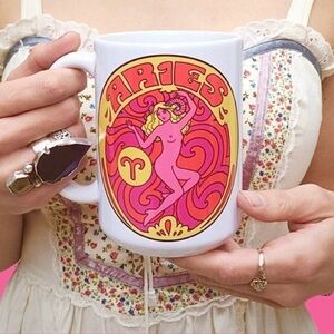 Aries Zodiac Coffee Mug with Pink and Yellow Design Vintage 60s, 70s Era